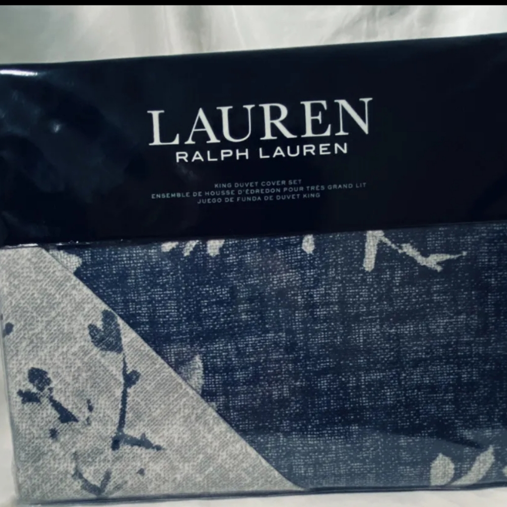 BEAUTIFUL Ralph Lauren Eva Botanical King Duvet Cover 3 pc Set Navy Blue -LRL-